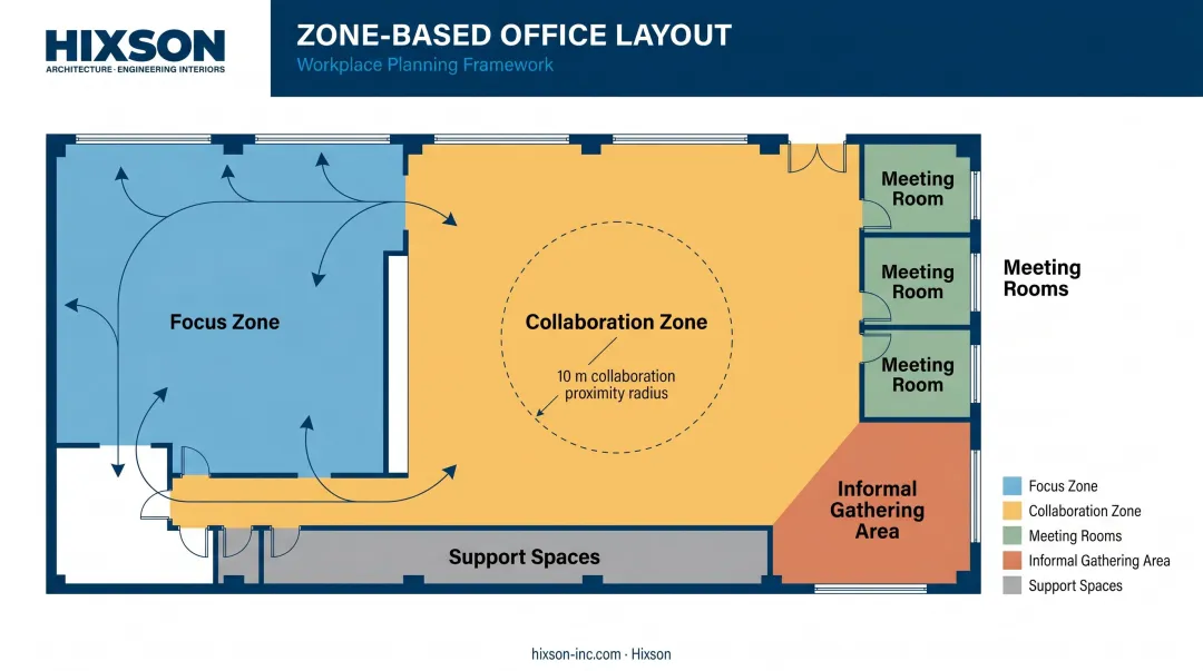 Zone-based office layout floor plan showing focus collaboration and support areas