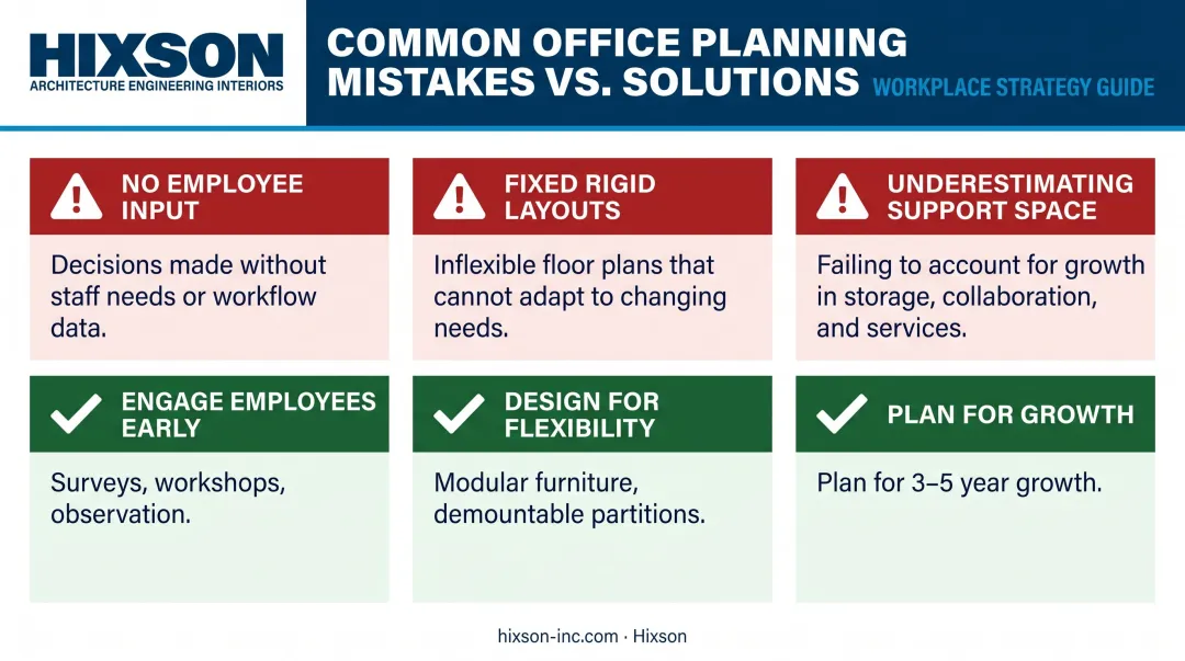 Three common office space planning mistakes and recommended flexible design solutions