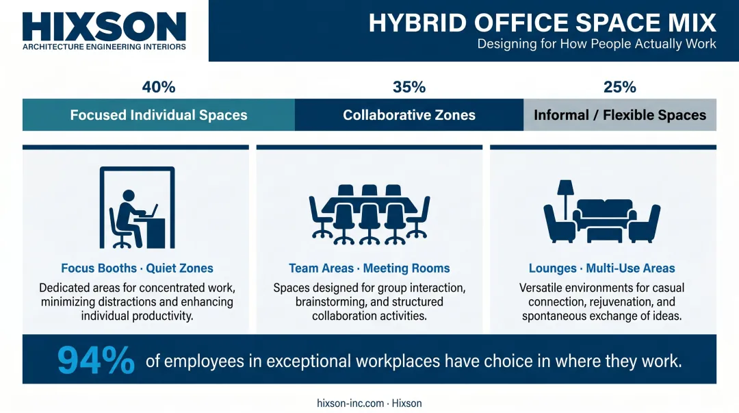 Hybrid workplace design model showing space type mix for flexible work environments