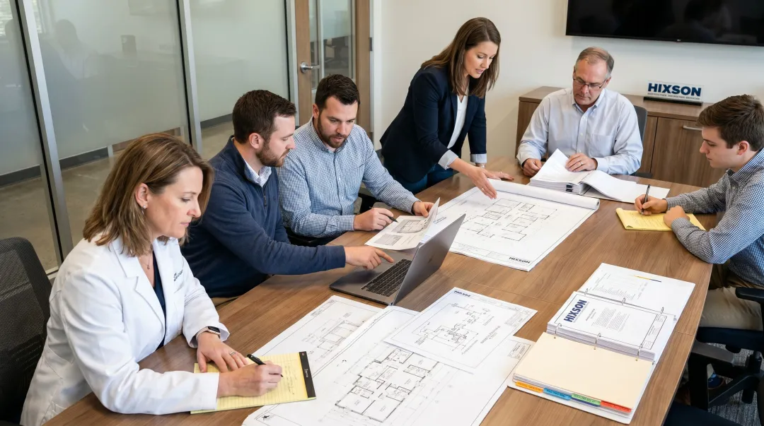 Integrated BSL-3 design team of six specialists collaborating around architectural blueprints