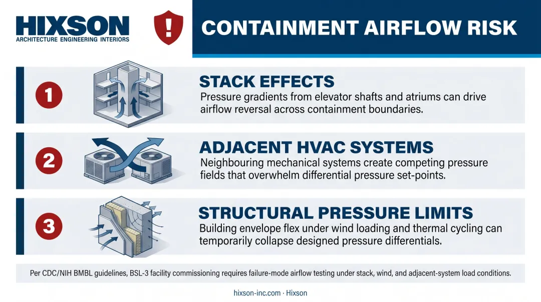 Three building conditions causing BSL-3 containment airflow reversal under failure scenarios