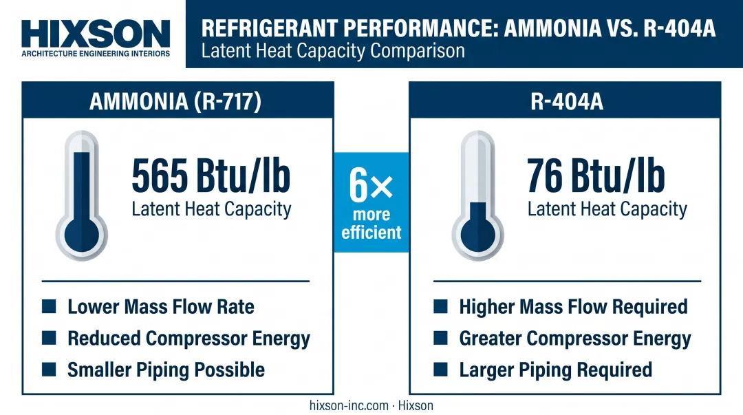Ammonia R-717 versus R-404A latent heat efficiency comparison infographic