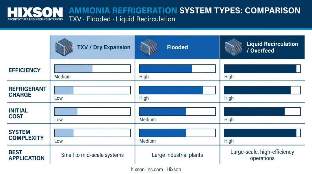 Three ammonia refrigeration system types comparison chart TXV flooded recirculation