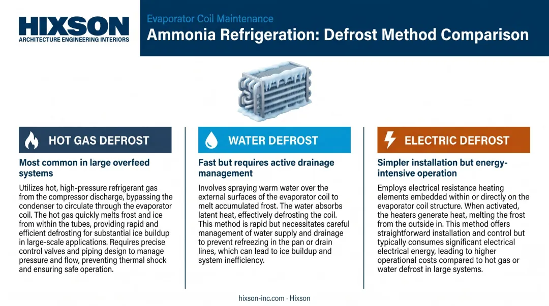 Three ammonia refrigeration defrost methods hot gas water and electric comparison