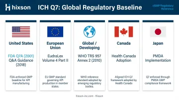 ICH Q7 global regulatory adoption map showing FDA EMA WHO and regional implementations
