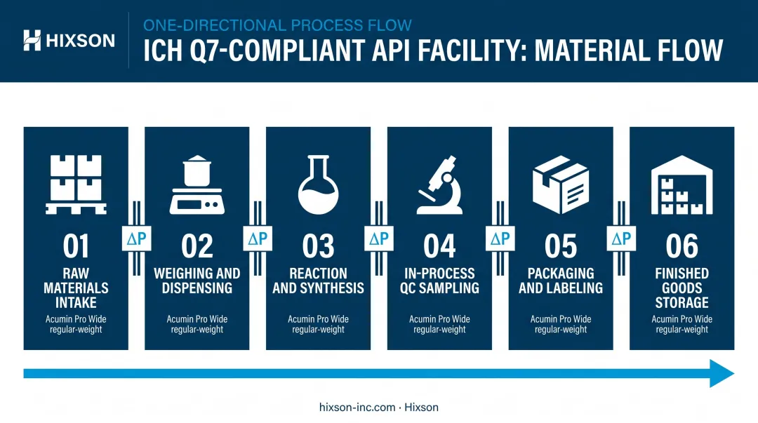 ICH Q7 compliant API facility layout showing dedicated manufacturing zones and material flow