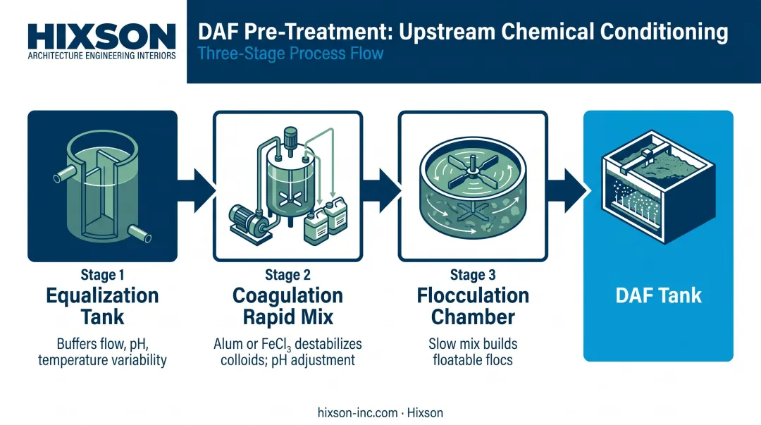 Three-stage DAF chemical pretreatment process coagulation flocculation equalization flow diagram
