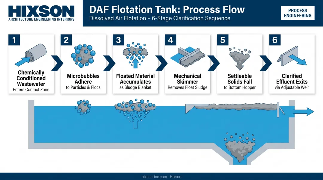 6-step DAF flotation tank separation process sequence flow diagram