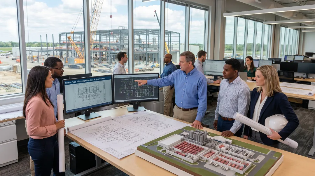 Hixson Food and Beverage team reviewing large-scale meat processing facility plans