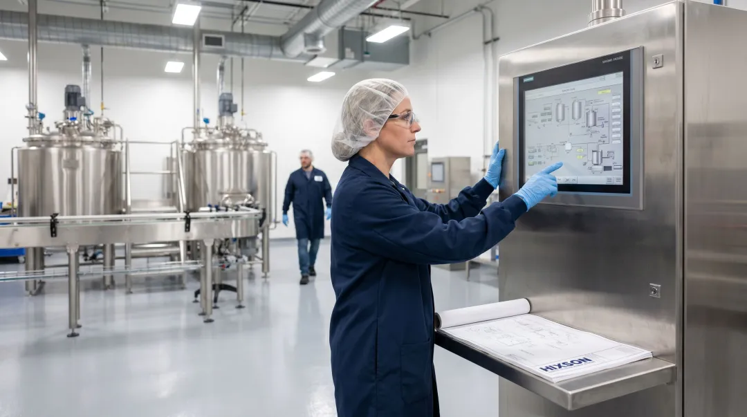 Food manufacturing worker monitoring automated production line controls in modern facility