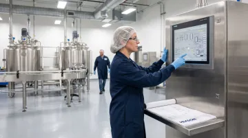 Food manufacturing worker monitoring automated production line controls in modern facility