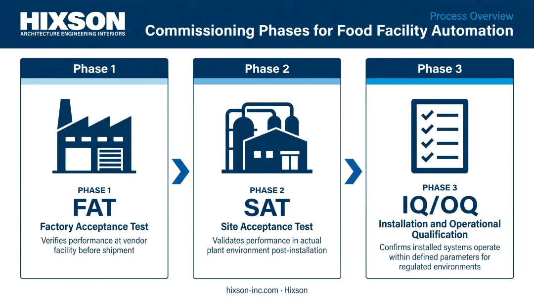 Three-phase food automation commissioning process FAT SAT IQ OQ sequence flow infographic