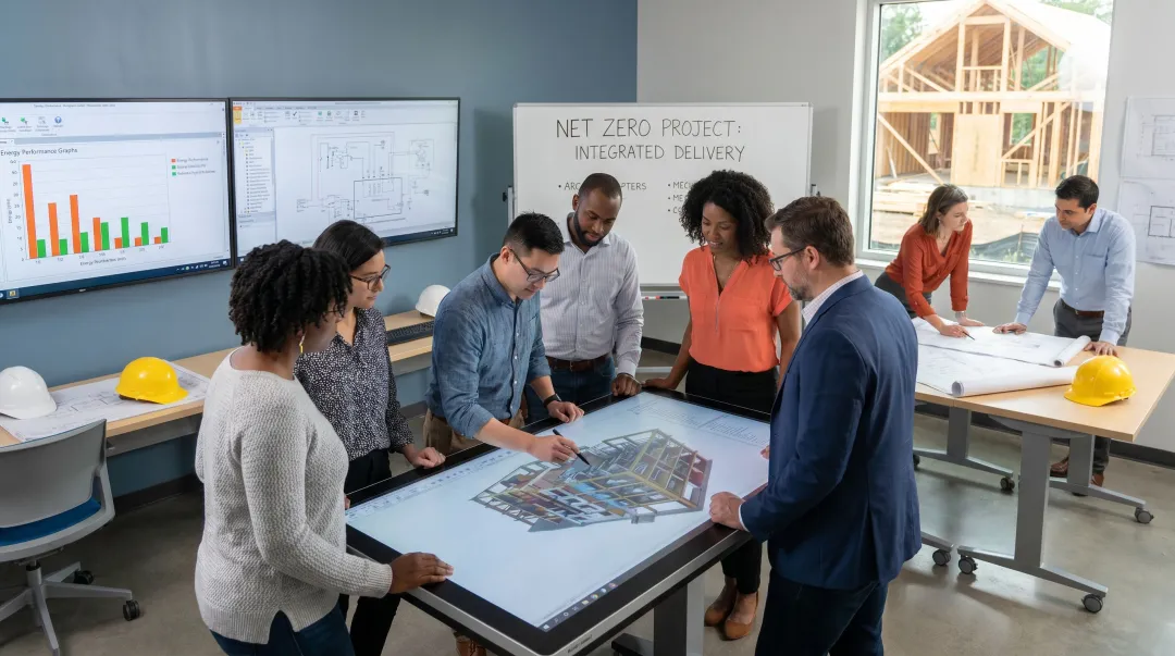 Integrated design team collaborating across architecture MEP and controls disciplines on net zero project