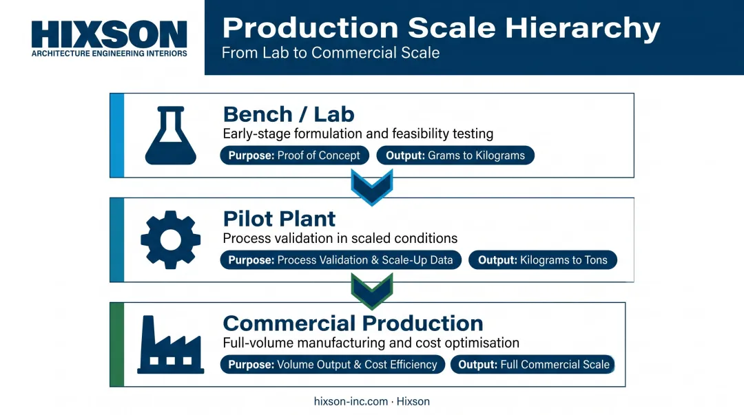 Three-scale process hierarchy from lab bench to commercial production infographic