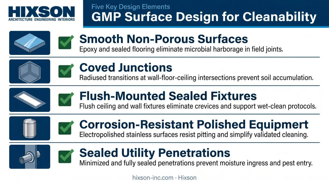 GMP facility surface design elements supporting cleanability and compliance checklist infographic