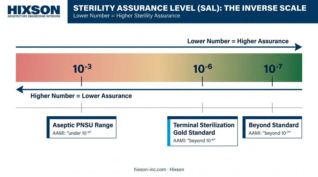 SAL numerical scale showing inverse relationship between number and sterility assurance