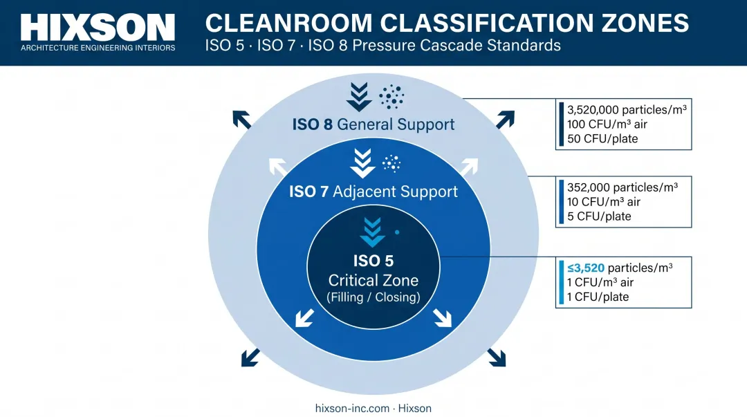 Pharmaceutical cleanroom ISO classification zones nested layout with microbial limits