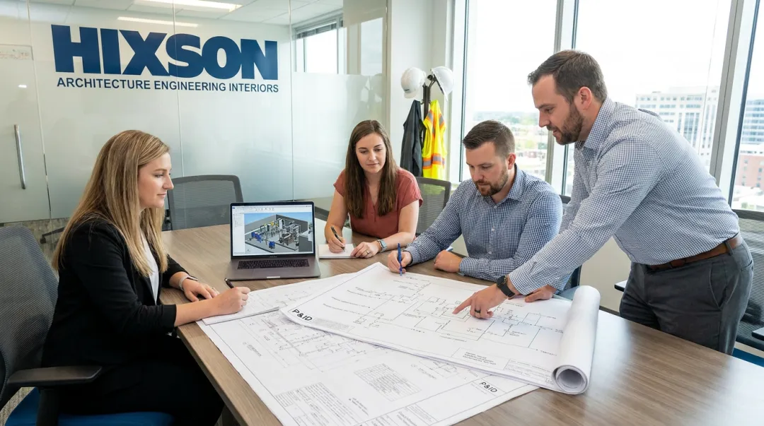 Hixson process engineering team reviewing sanitary facility design drawings in office