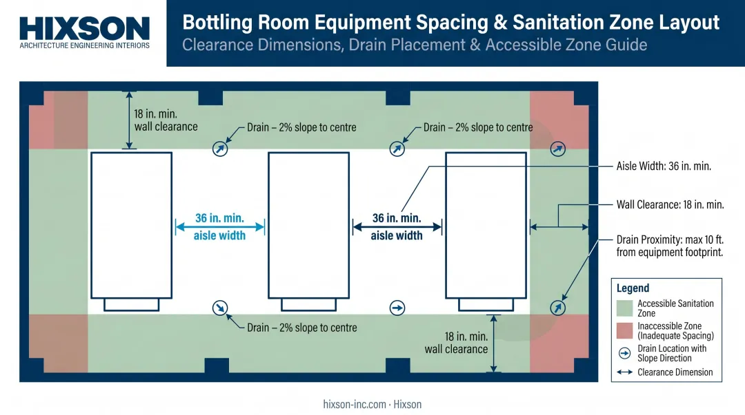 Bottling facility equipment spacing and sanitation access layout requirements diagram