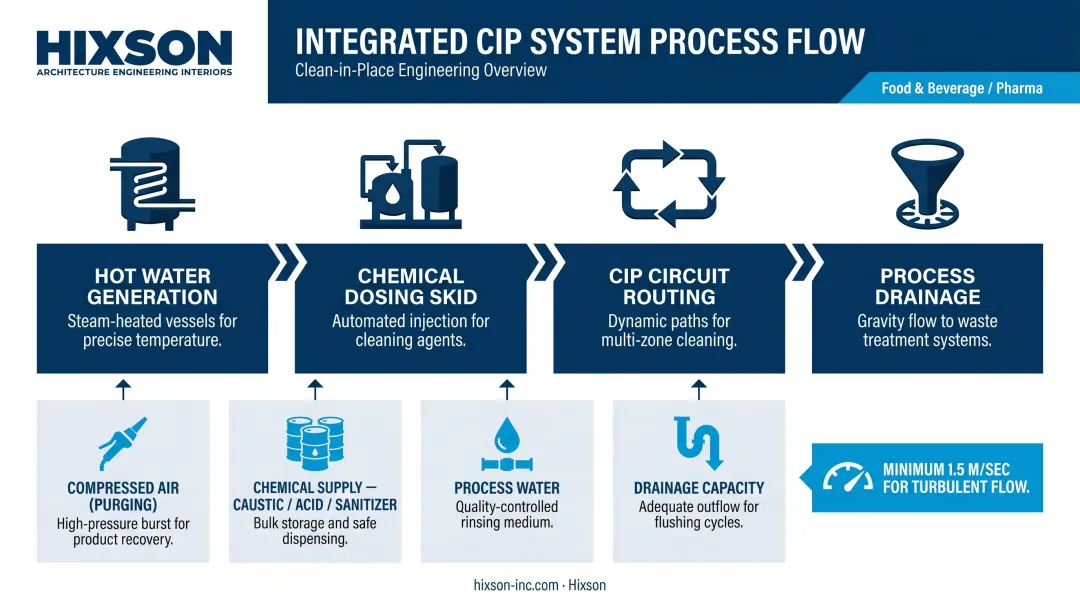 CIP system components flow diagram showing circuit routing utility connections and sequencing