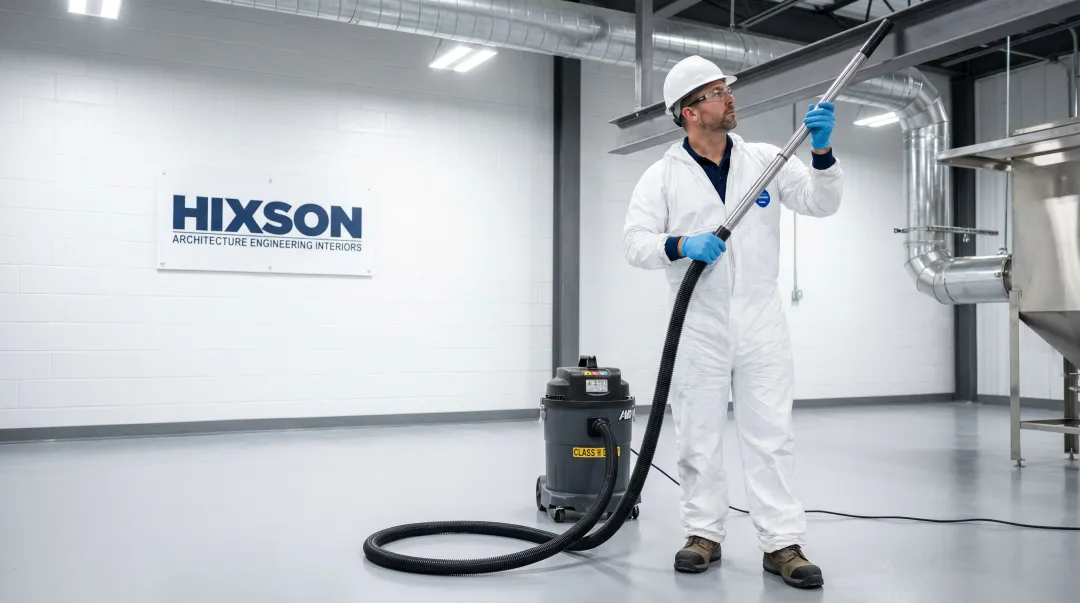 Industrial worker using Class II vacuum system to clean combustible dust from facility floor and beams