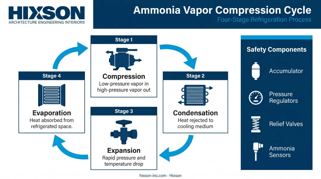 Four-stage industrial ammonia refrigeration vapor compression cycle process flow diagram