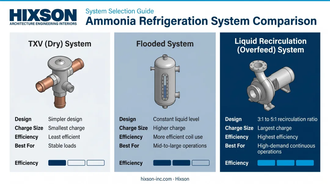 Three industrial ammonia refrigeration system types comparison TXV flooded overfeed infographic