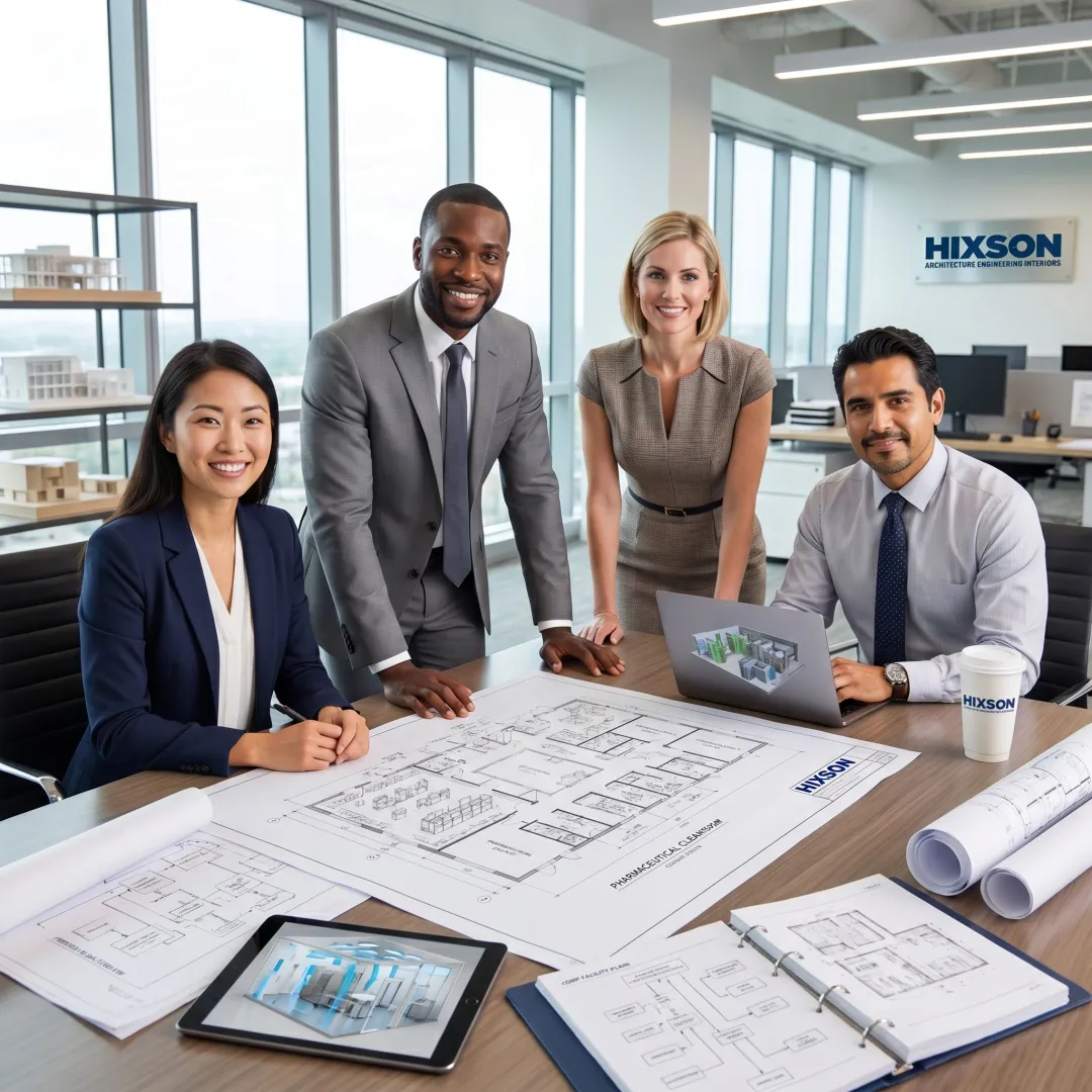 Pharmaceutical facility design team reviewing cleanroom plans