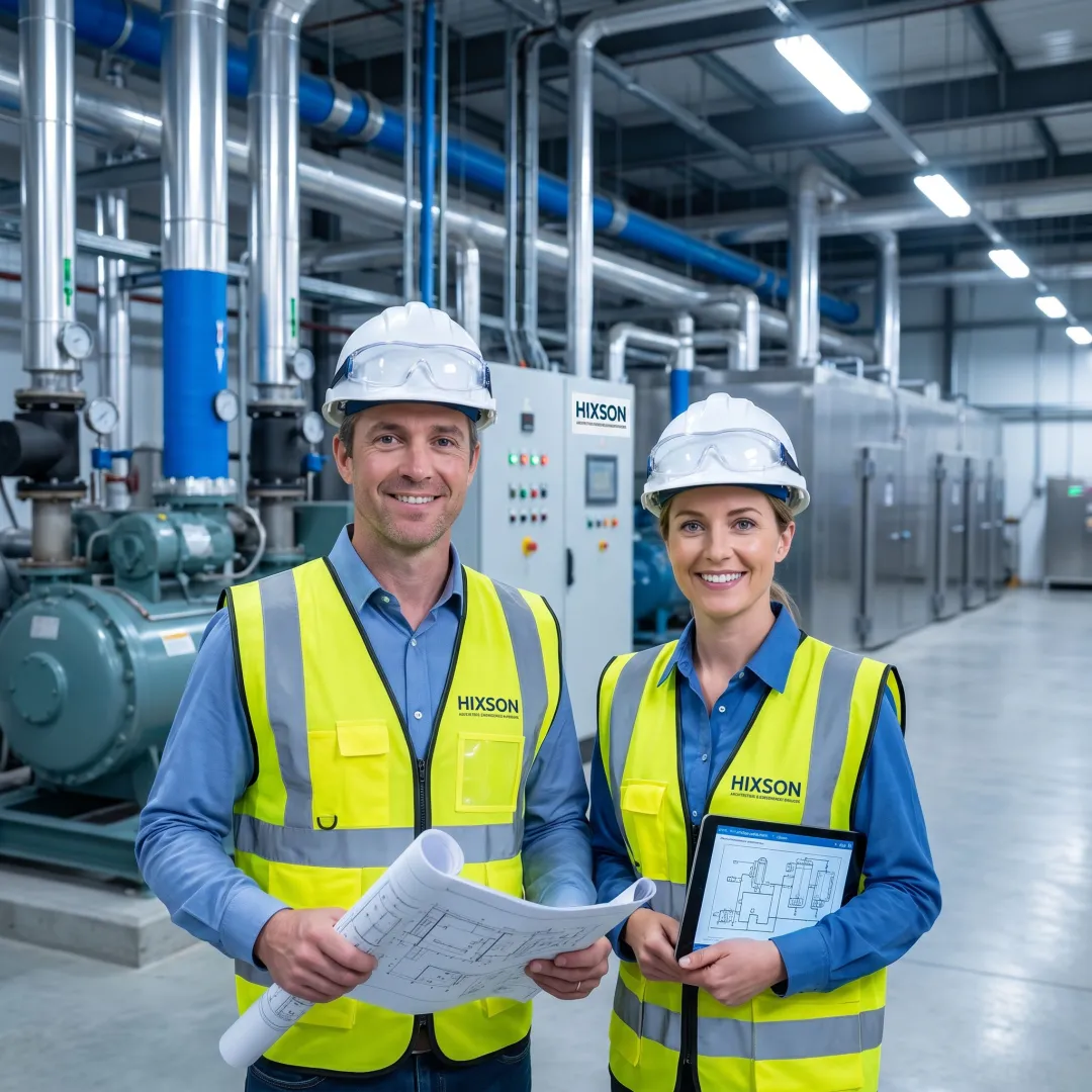 Industrial refrigeration engineering team reviewing system plans
