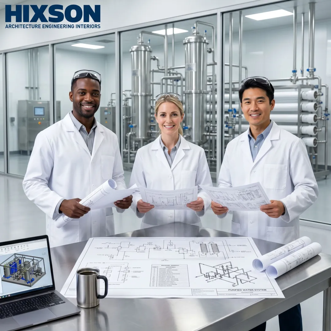 Engineers reviewing pharmaceutical lab water treatment system plans
