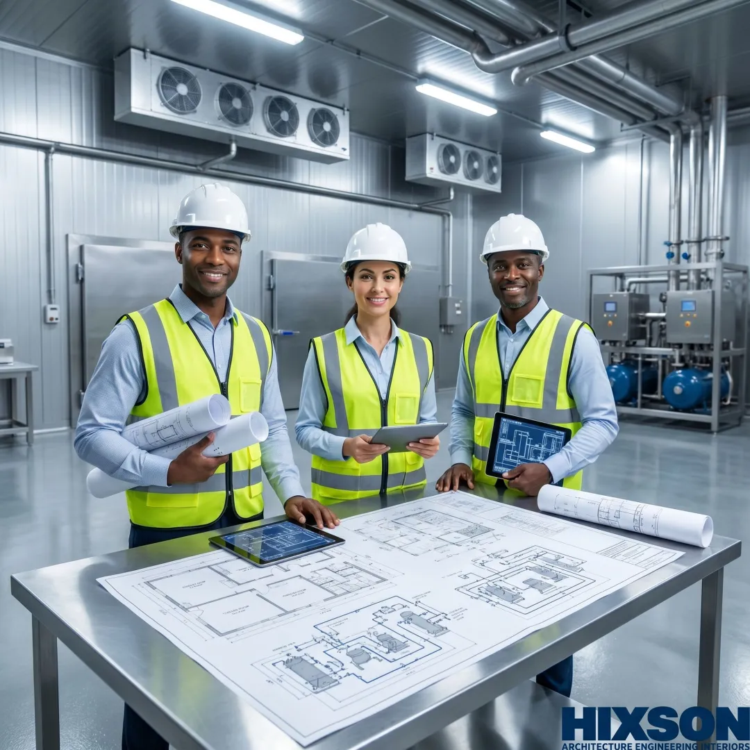 Engineers planning refrigeration systems for a meat processing facility