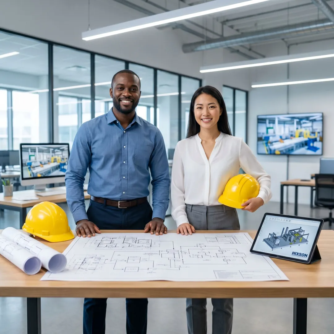 Engineers reviewing plant layout and process flow plans