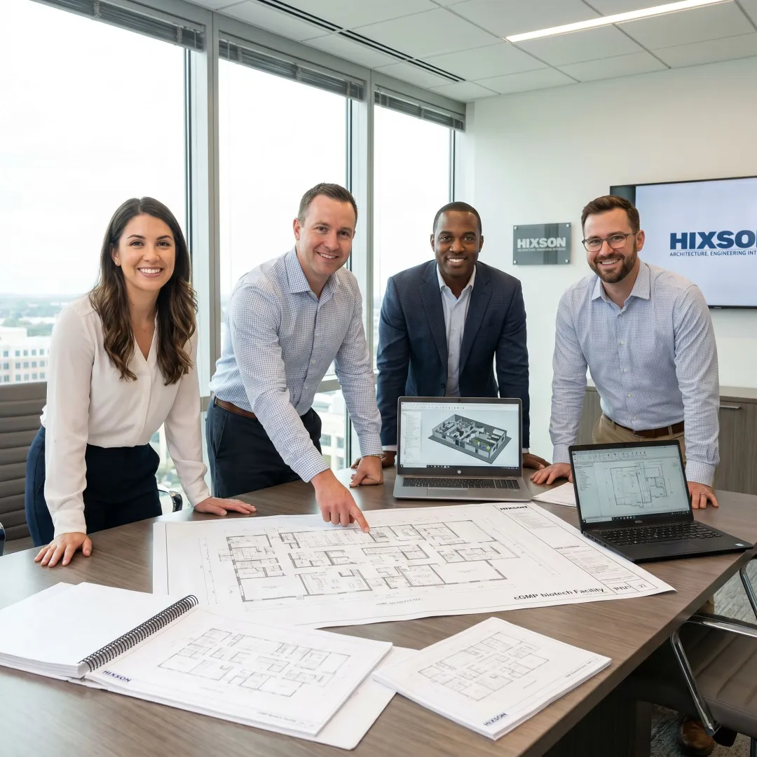 Modern cGMP facility design team reviewing biotech plans