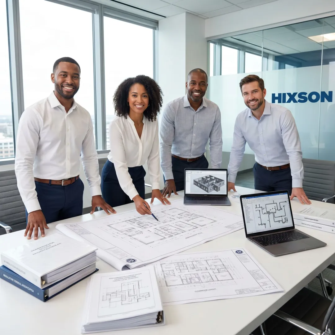 Pharmaceutical facility design team reviewing plans