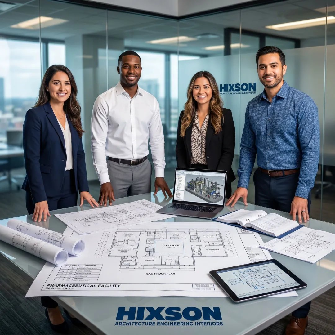 Pharmaceutical manufacturing facility design team reviewing plans
