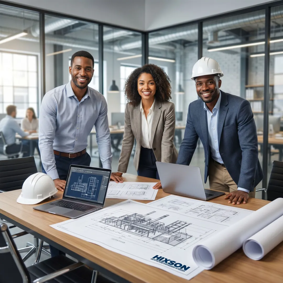 Industrial facility design team reviewing plans