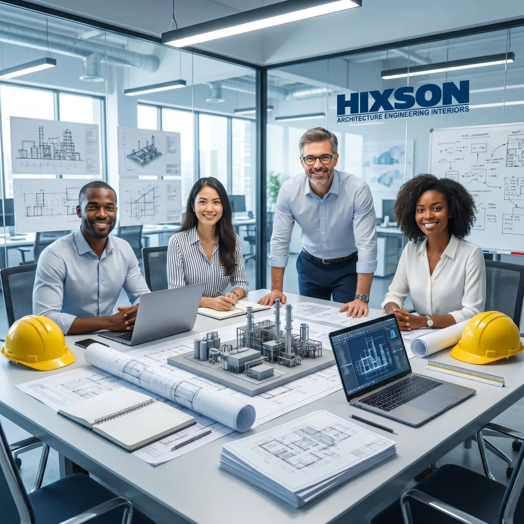 Industrial facility design team reviewing plant plans