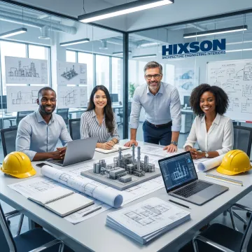 Industrial facility design team reviewing plant plans