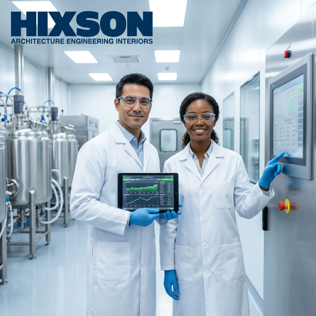 Engineers reviewing GMP automation systems for a biotech facility