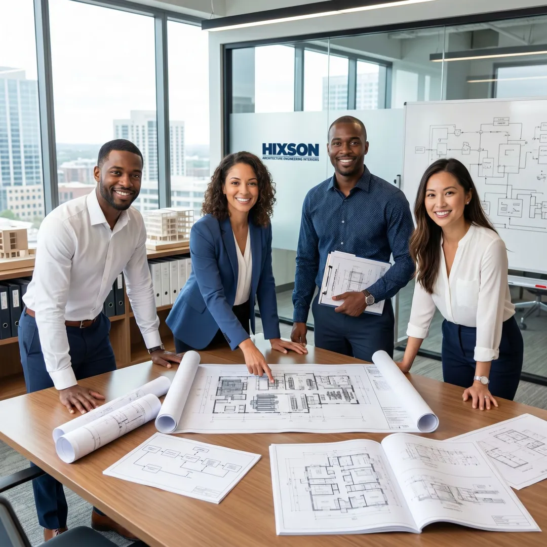 Industrial facility design team reviewing plant plans