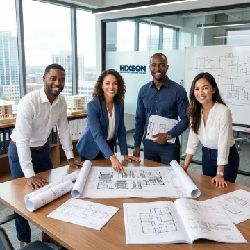 Industrial facility design team reviewing plant plans