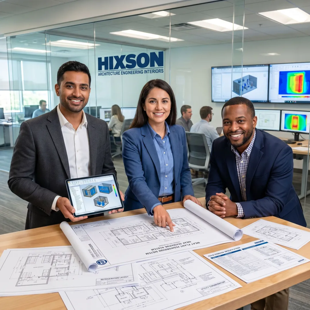 Engineers planning refrigeration systems for meat processing
