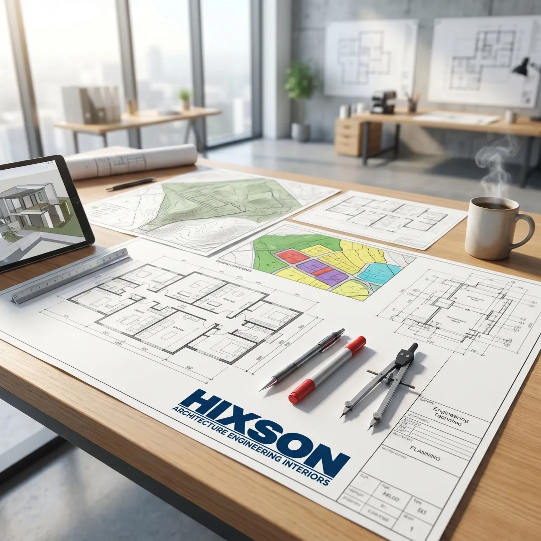 Facility planning documents and site layouts on a table