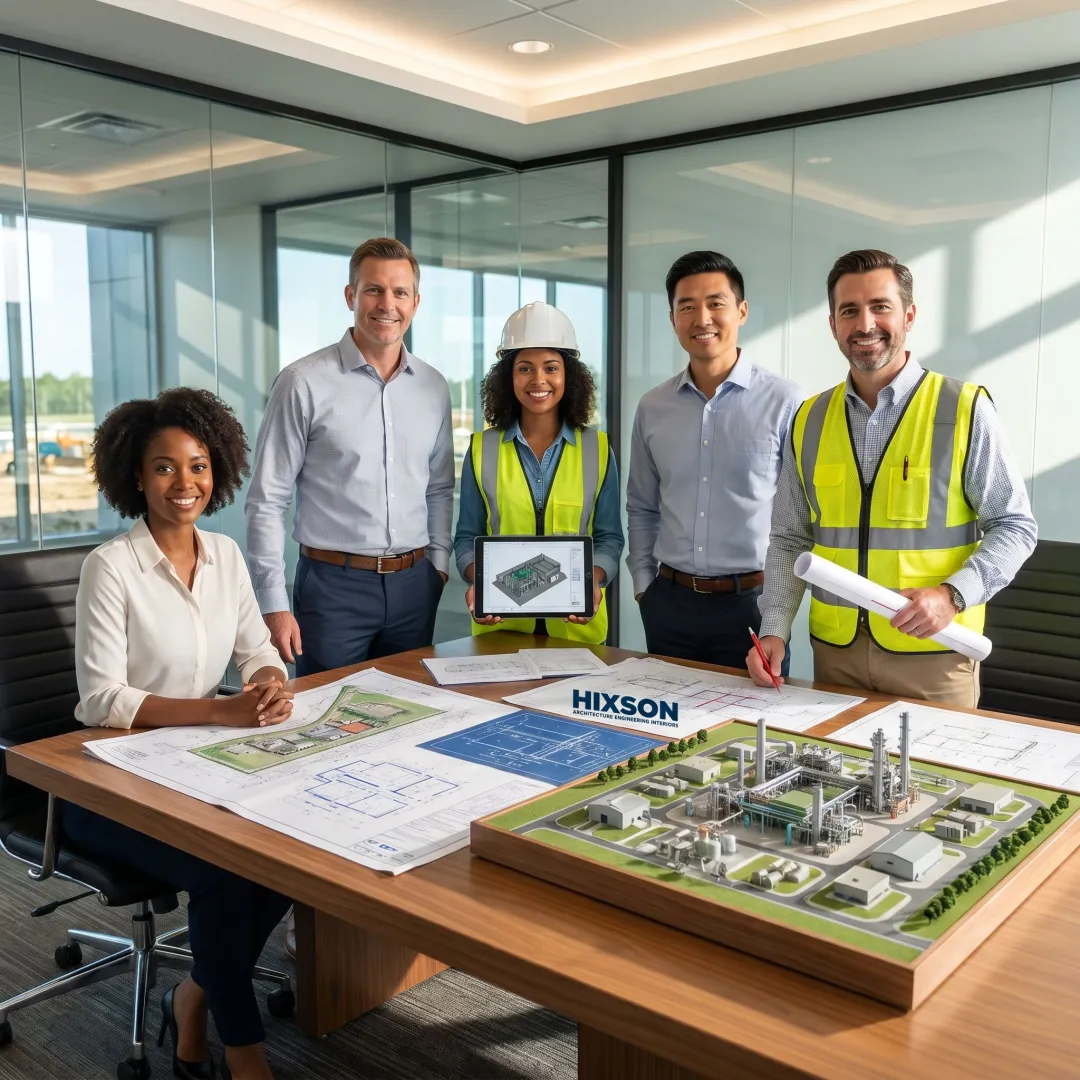 Engineers reviewing greenfield plant design plans