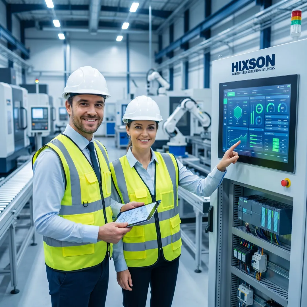 Engineers reviewing manufacturing automation systems