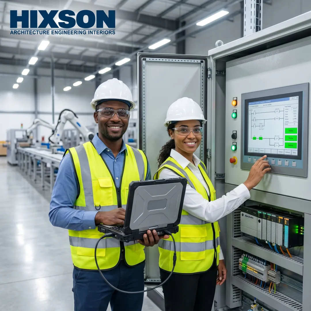 Automation engineers commissioning manufacturing systems