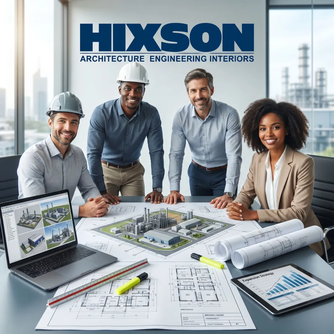 Industrial facility master planning team reviewing site plans