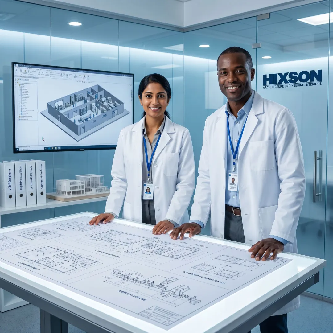 Engineers reviewing cGMP fill finish facility plans