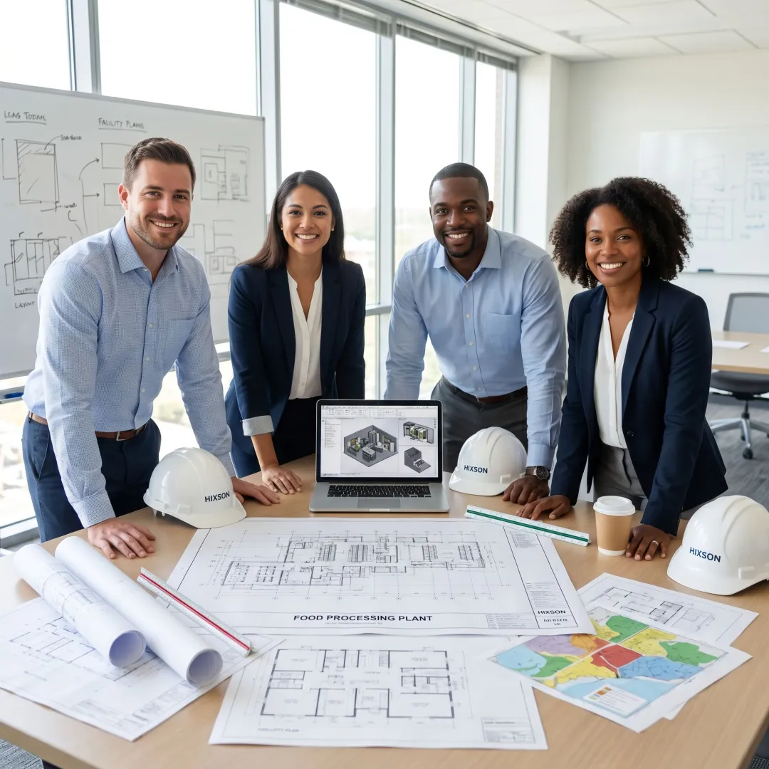 Food and beverage facility design team reviewing plant plans
