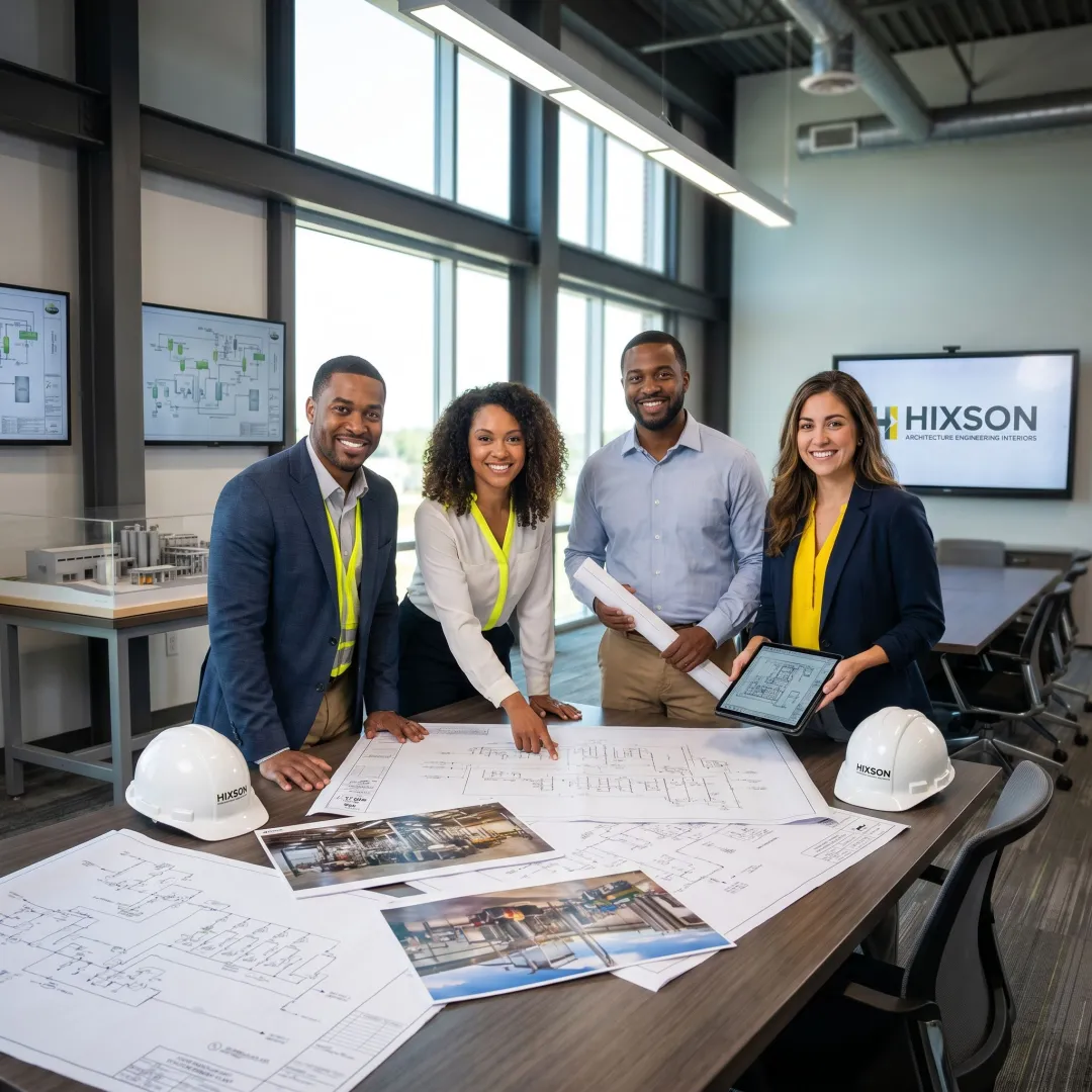 Modern food processing plant design team reviewing facility plans